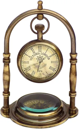 G K Enterprises Table Clock with Maritime Vintage Brass Compass Antique Victoria London Nautical Brass Antique Table Clock