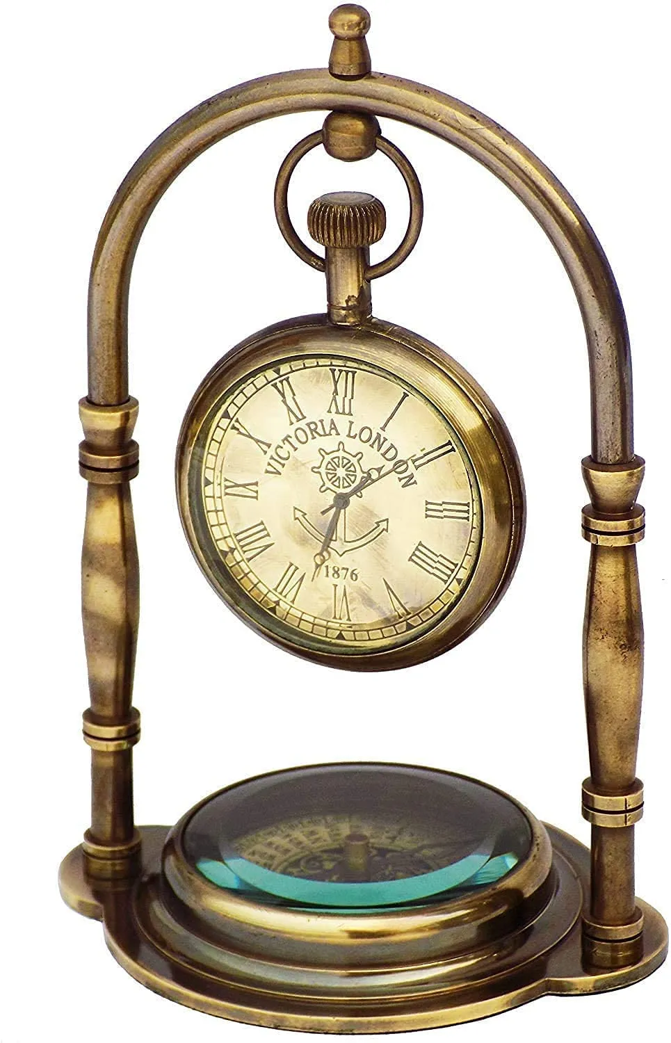 G K Enterprises Table Clock with Maritime Vintage Brass Compass Antique Victoria London Nautical Brass Antique Table Clock