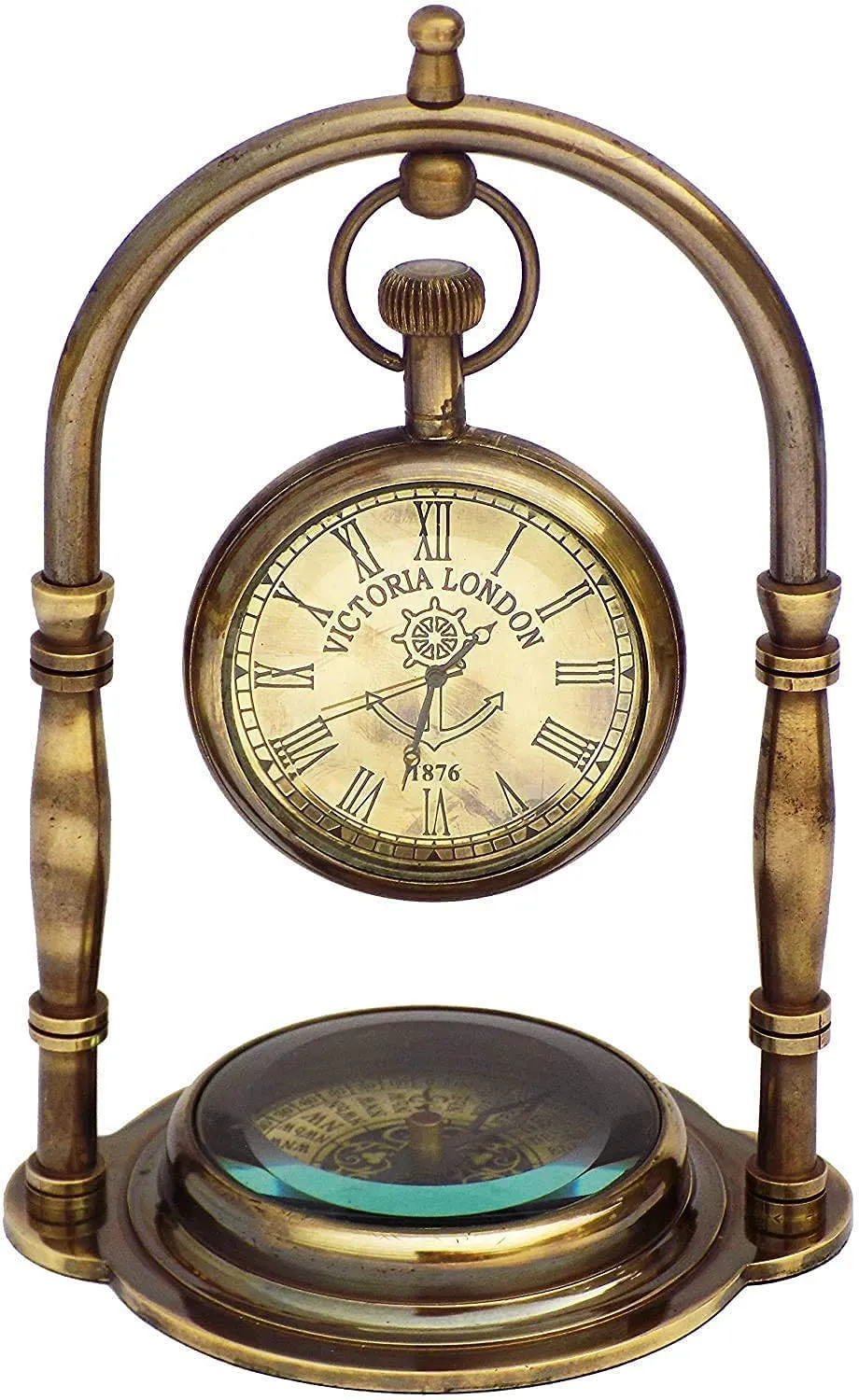 G K Enterprises Table Clock with Maritime Vintage Brass Compass Antique Victoria London Nautical Brass Antique Table Clock
