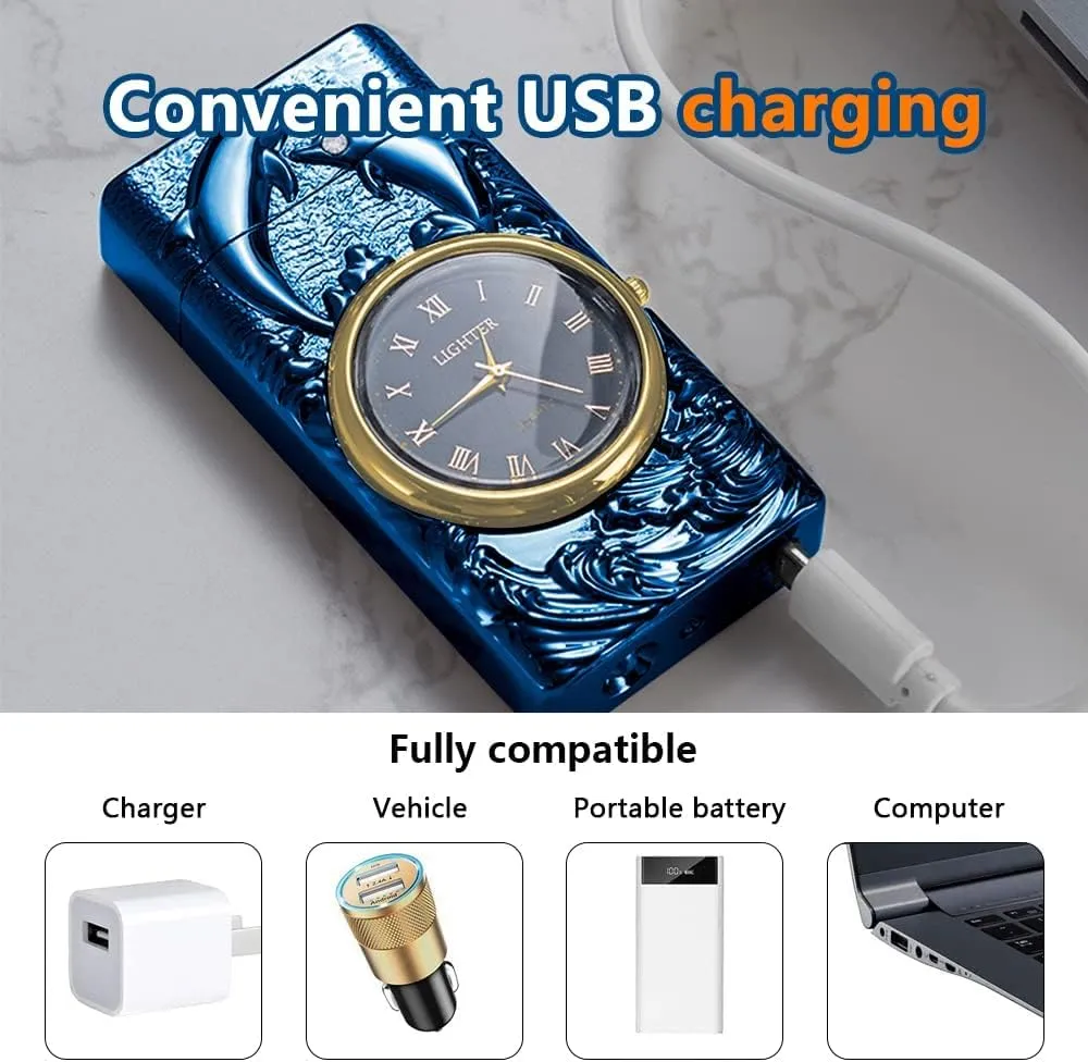 GADATOP DolphinLighter, Plasma Arc Lighter, USB Rechargeable, Windproof, Fashion Metal Luminous Watch Dial LED (Blue)