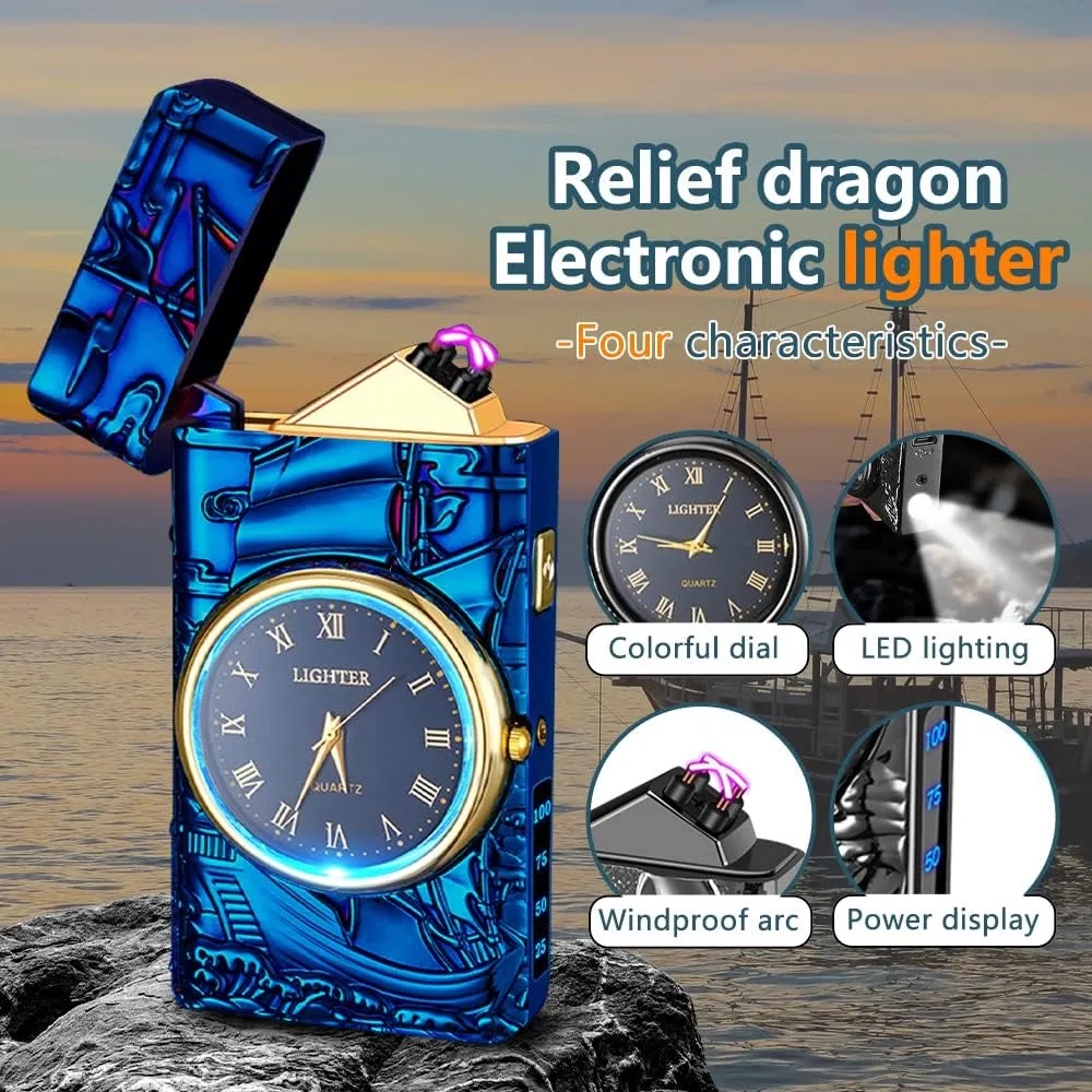 GADATOP Sail Lighter - Multifunctional Electric Arc Lighter, Windproof, Fashion Metal Luminous Watch Dial LED Lighting (Blue Sail)