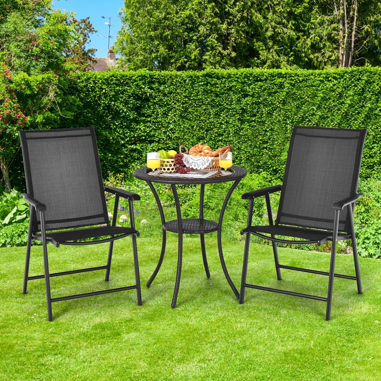Giantex Set of 2 Patio Folding Chairs, Portable Outdoor Dining Chairs with Armrest for Porch Camping Pool Beach Deck Lawn Garden, Metal Frame, Black