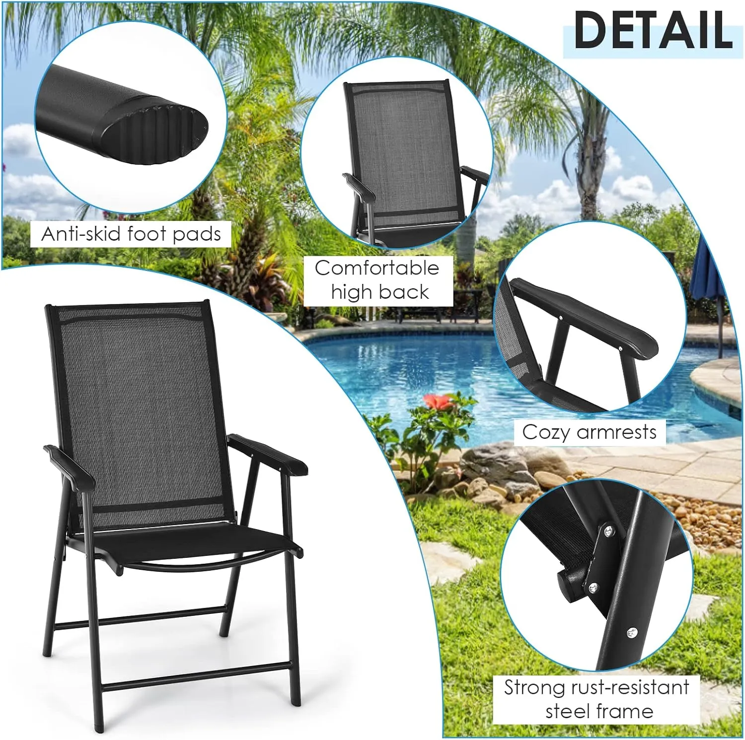 Giantex Set of 2 Patio Folding Chairs, Portable Outdoor Dining Chairs with Armrest for Porch Camping Pool Beach Deck Lawn Garden, Metal Frame, Black