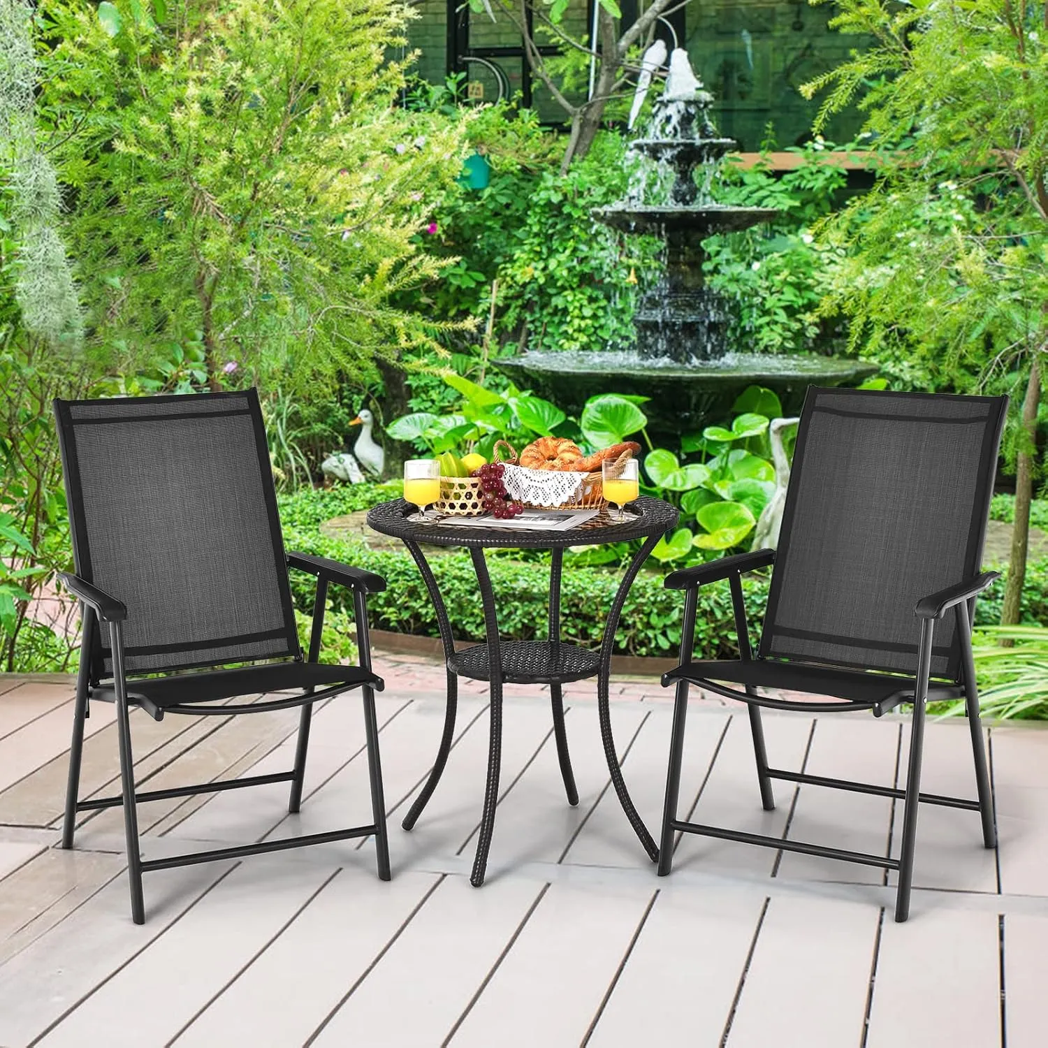 Giantex Set of 2 Patio Folding Chairs, Portable Outdoor Dining Chairs with Armrest for Porch Camping Pool Beach Deck Lawn Garden, Metal Frame, Black