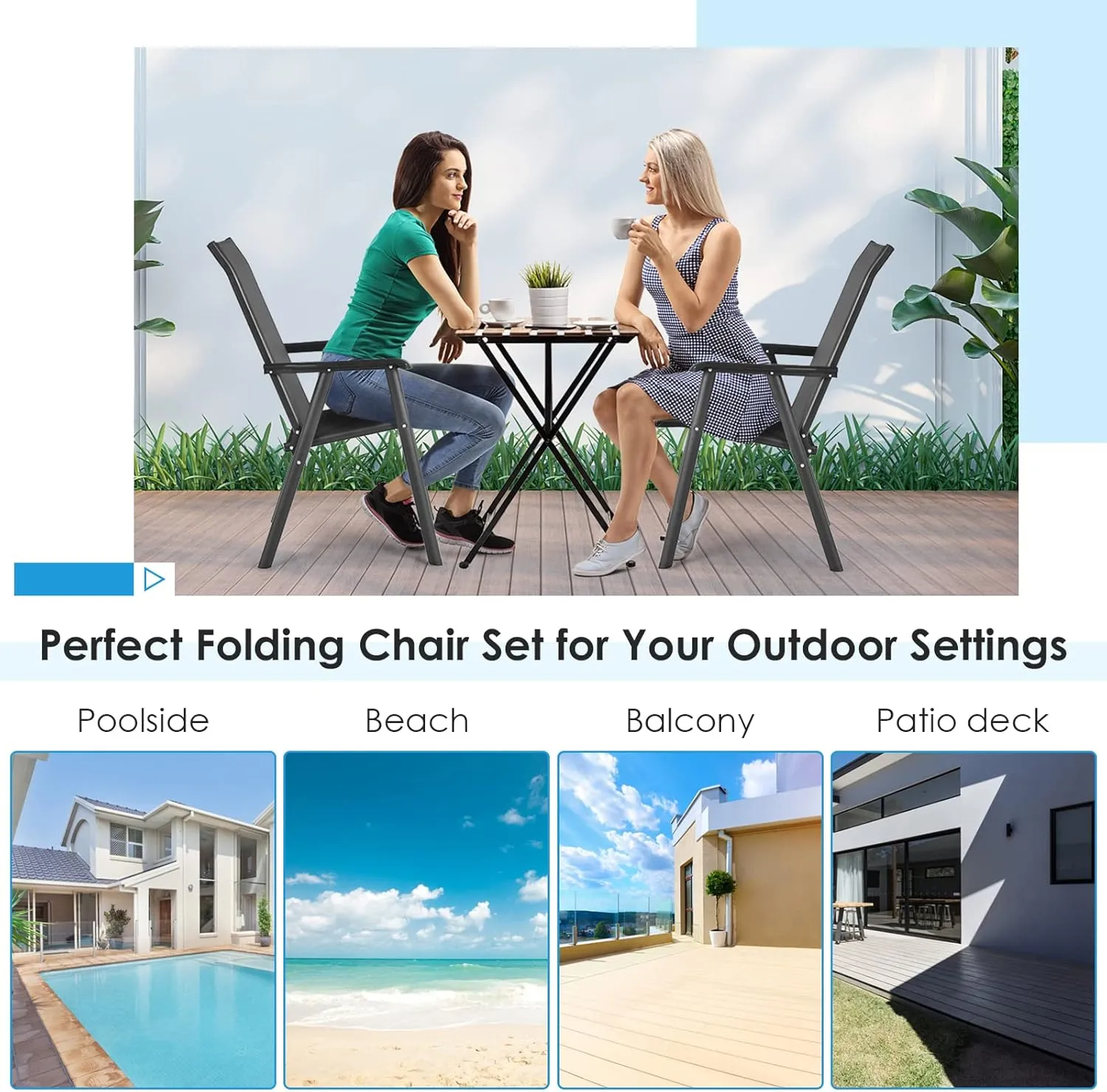 Giantex Set of 2 Patio Folding Chairs, Portable Outdoor Dining Chairs with Armrest for Porch Camping Pool Beach Deck Lawn Garden, Metal Frame, Black
