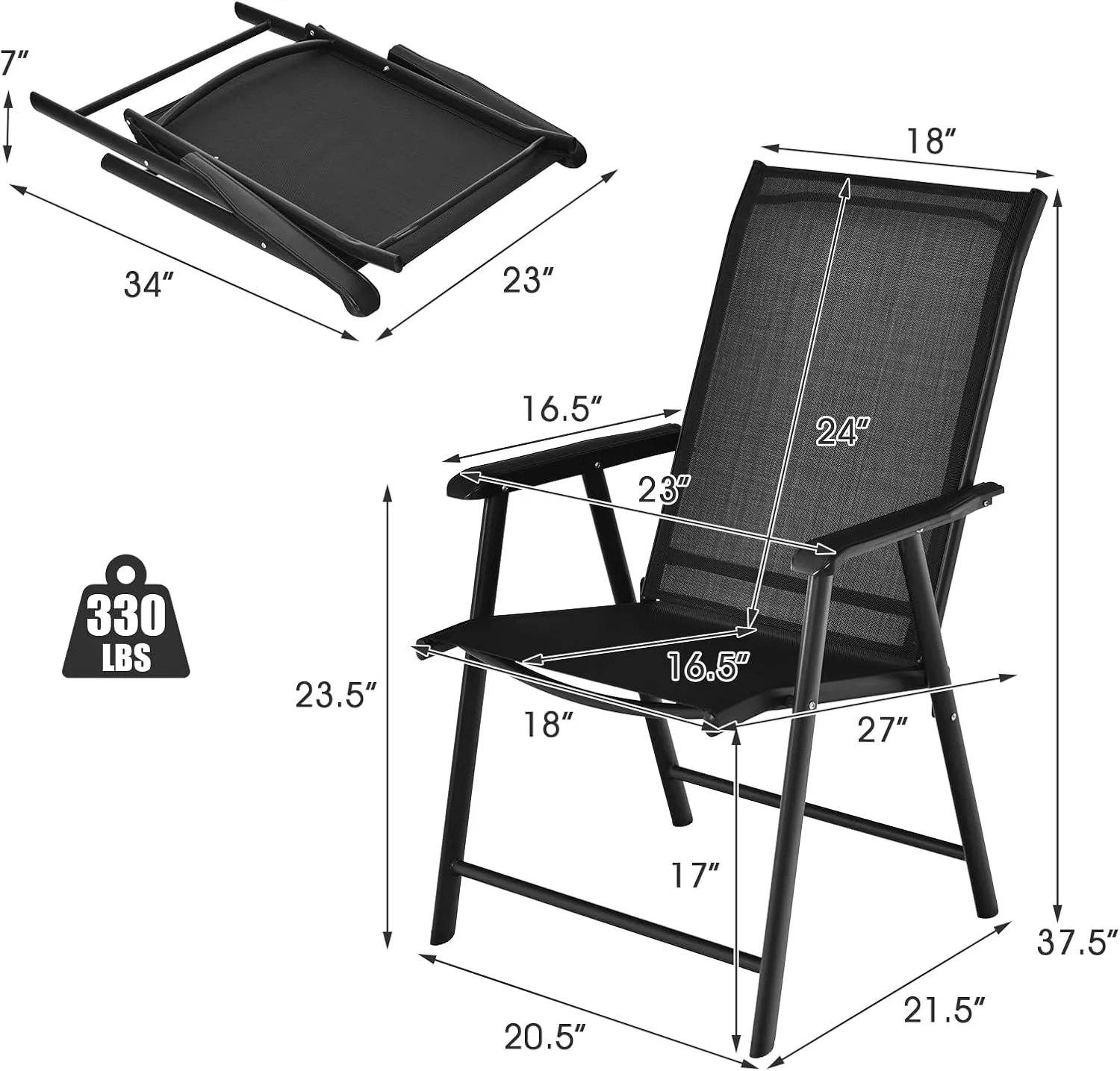 Giantex Set of 2 Patio Folding Chairs, Portable Outdoor Dining Chairs with Armrest for Porch Camping Pool Beach Deck Lawn Garden, Metal Frame, Black