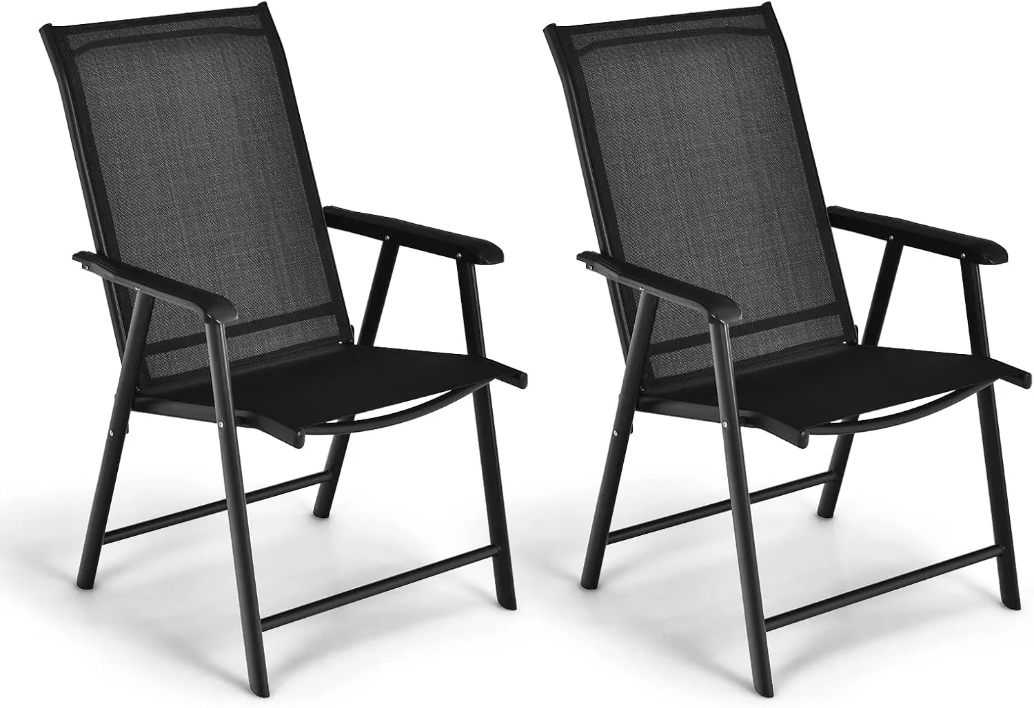 Giantex Set of 2 Patio Folding Chairs, Portable Outdoor Dining Chairs with Armrest for Porch Camping Pool Beach Deck Lawn Garden, Metal Frame, Black