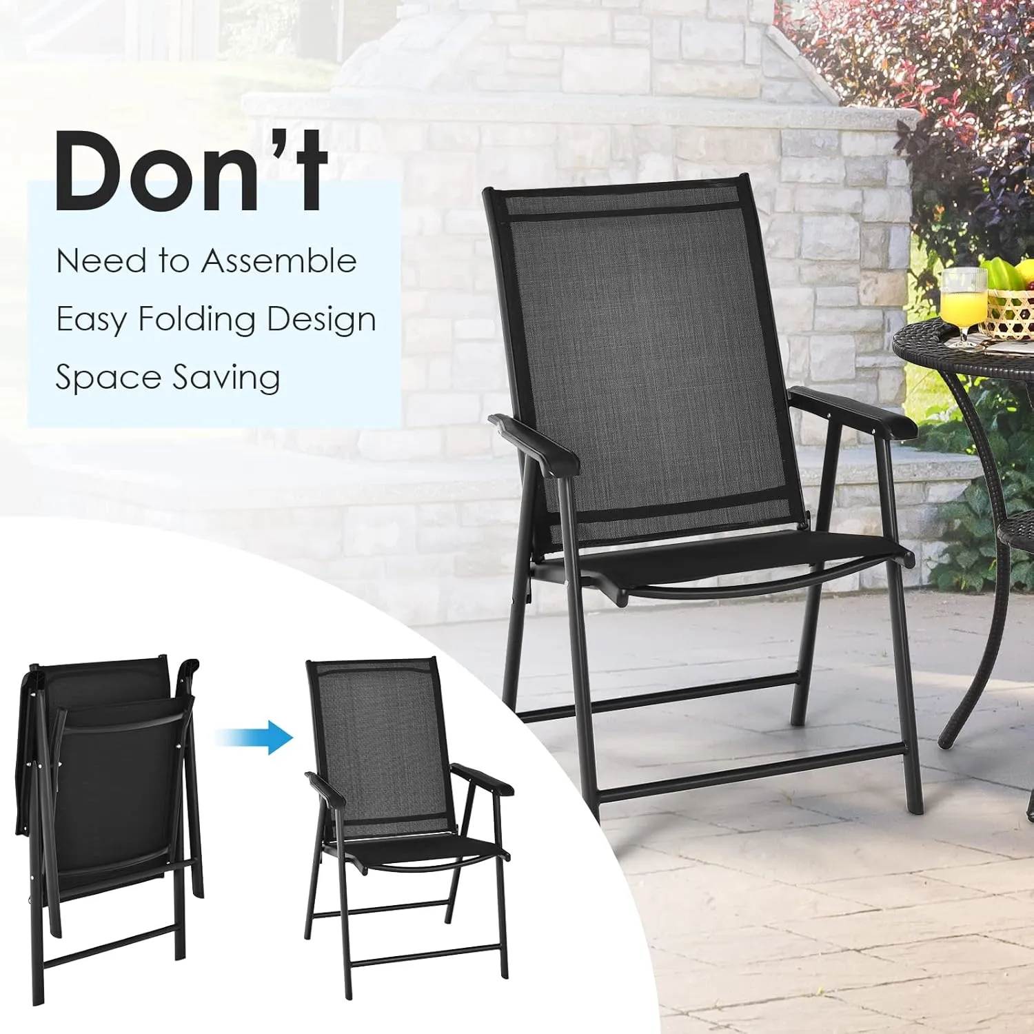 Giantex Set of 2 Patio Folding Chairs, Portable Outdoor Dining Chairs with Armrest for Porch Camping Pool Beach Deck Lawn Garden, Metal Frame, Black