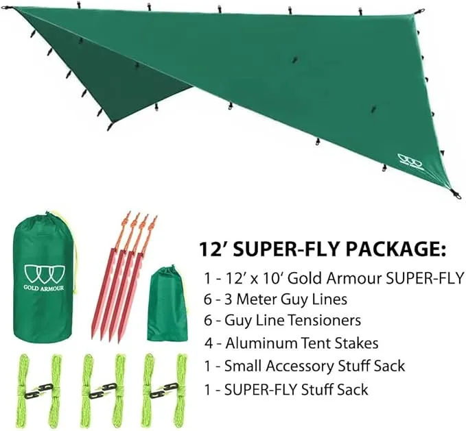 Gold Armour Rainfly Tarp Hammock, Premium 14.7ft/12ft/10ft/8ft Rain Fly Cover, Waterproof Ultralight Camping Shelter Canopy, Survival Equipment Gear Camping Tent Accessories (Green 12ft x 10ft)