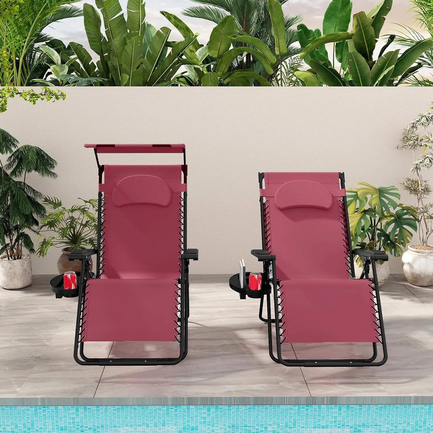 Goplus Zero Gravity Chairs, X-Large Folding Lounge Lawn Chair w/Canopy Shade & Cup Holder, Adjustable Folding Patio Recliner for Pool Porch Deck Oversize (Wine)