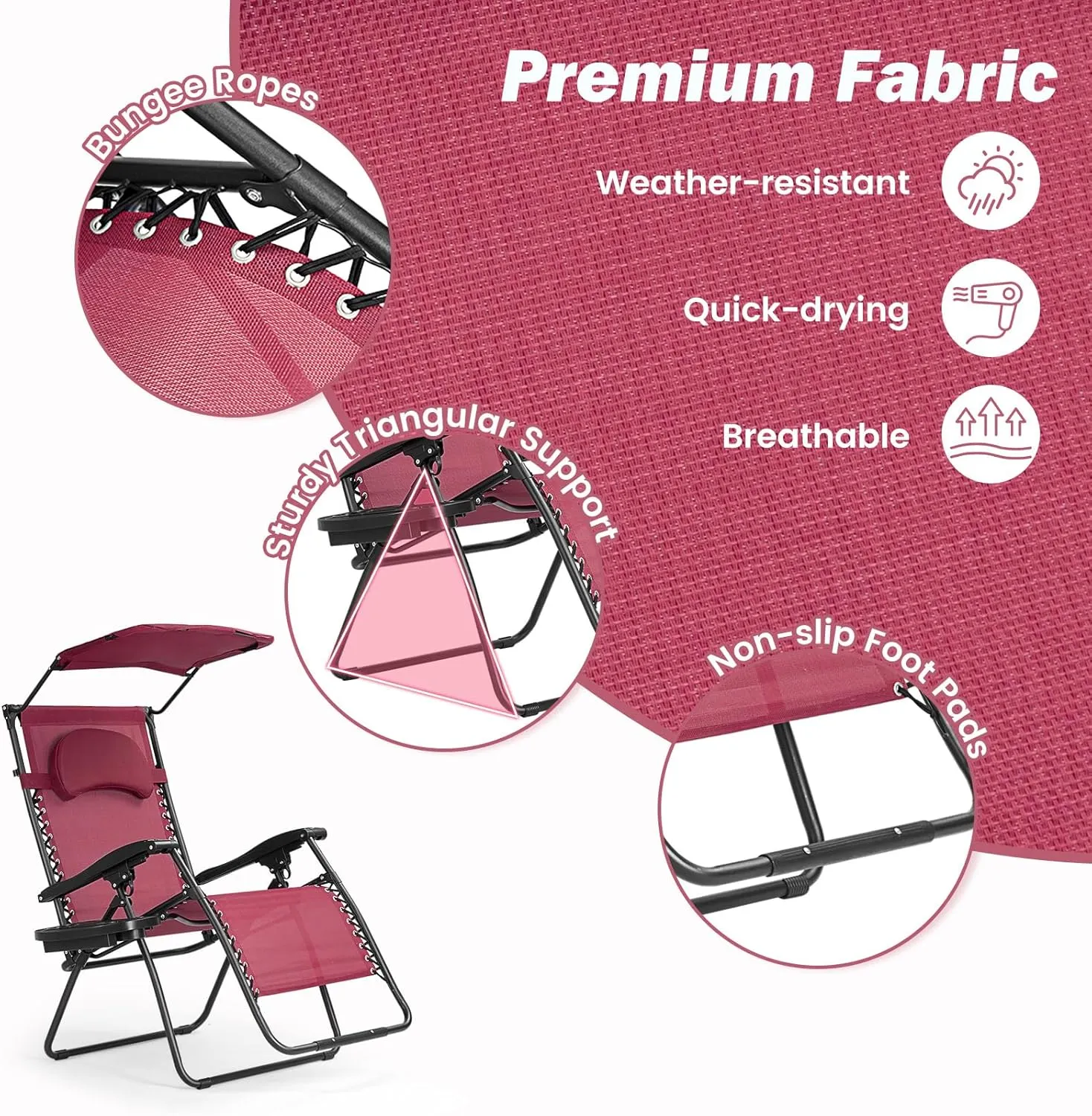 Goplus Zero Gravity Chairs, X-Large Folding Lounge Lawn Chair w/Canopy Shade & Cup Holder, Adjustable Folding Patio Recliner for Pool Porch Deck Oversize (Wine)