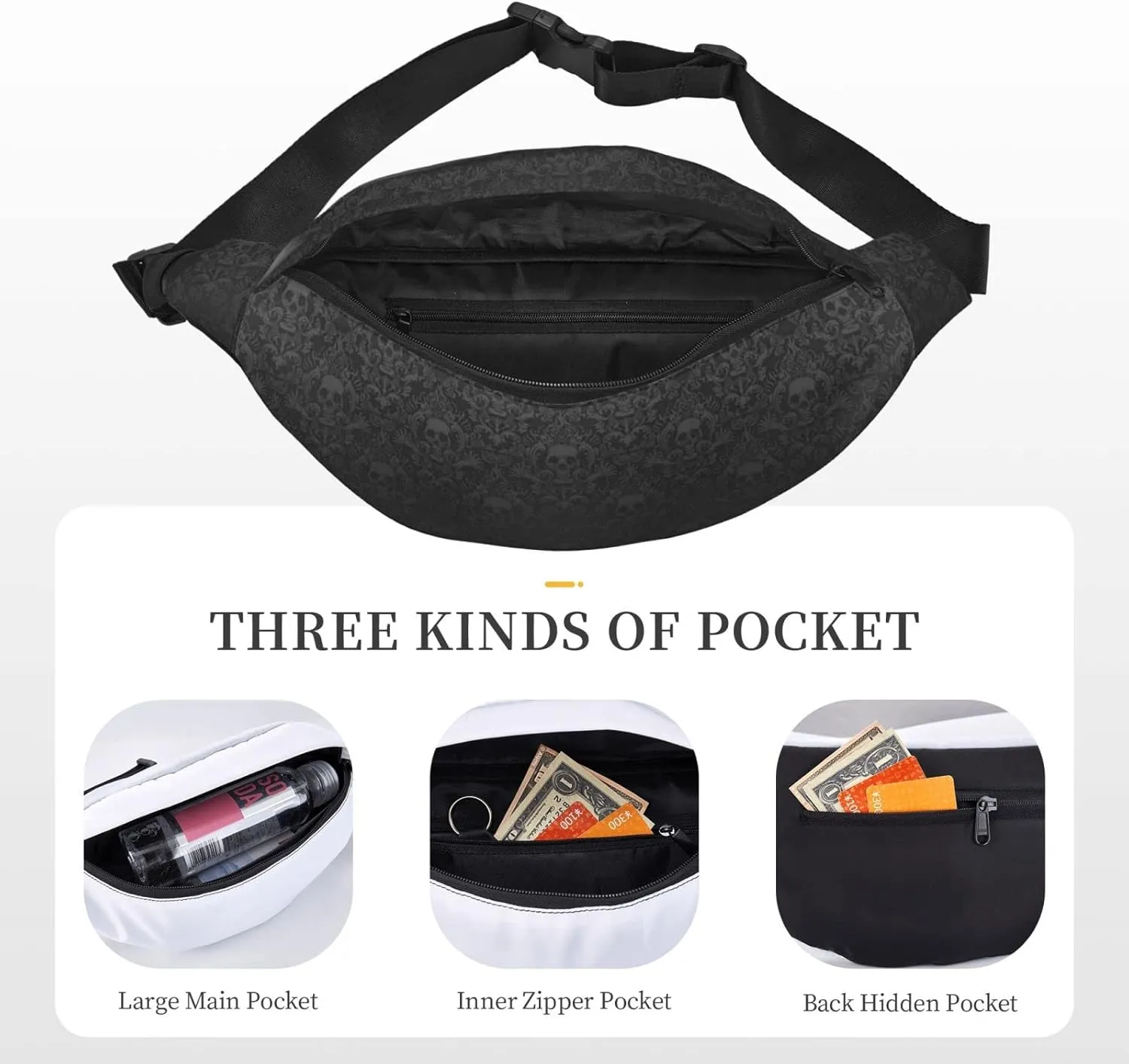 Gothic Skull Print Fanny Pack for Man Women Waist Bag Adjustable Belt Casual Chest Bag Bum Bags for Travel Sports Running Hiking Waist Packs