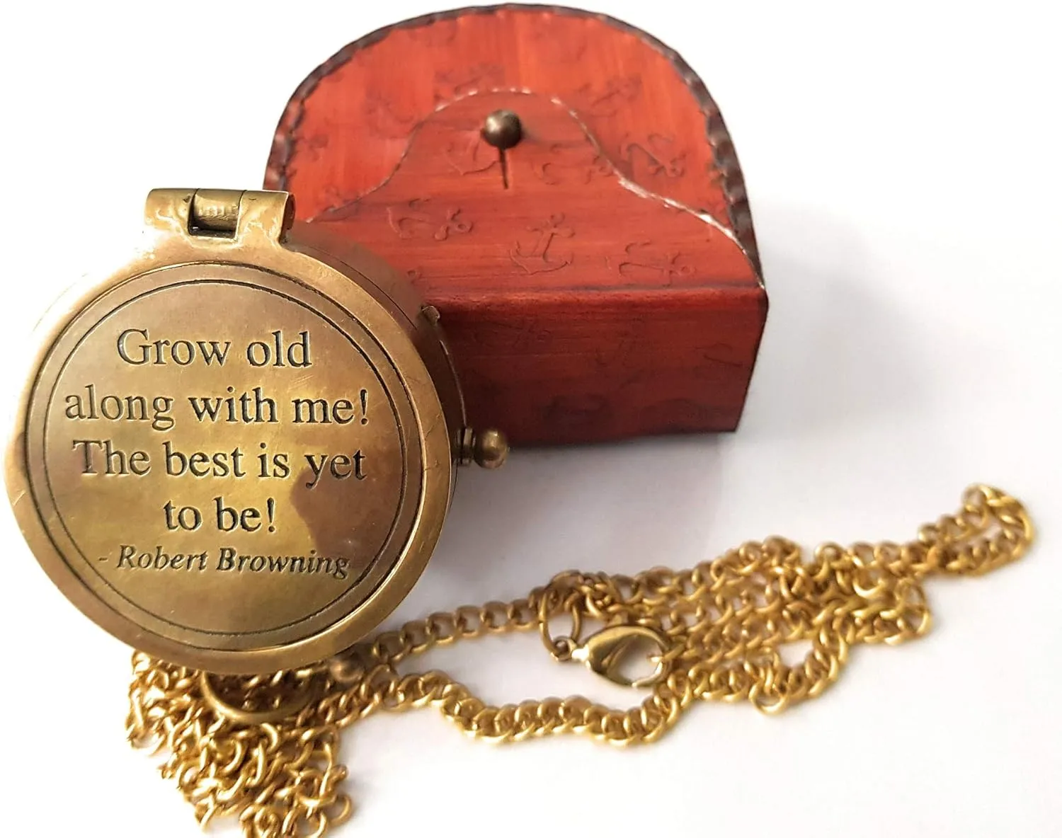 Grow Old with ME Engraved Brass Compass ON Chain with Leather CASE, Directional Magnetic Compass