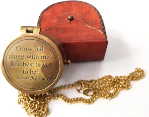 Grow Old with ME Engraved Brass Compass ON Chain with Leather CASE, Directional Magnetic Compass