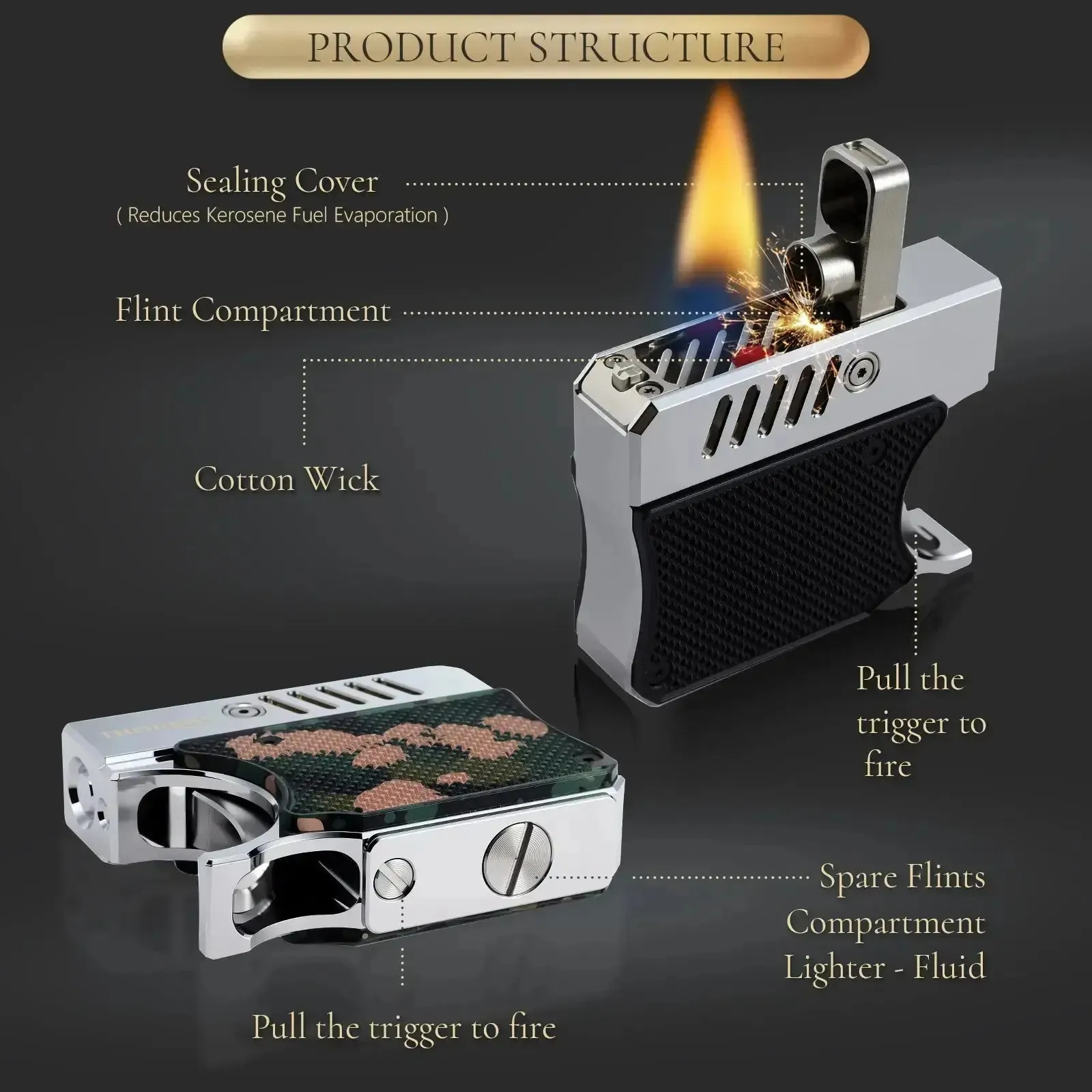Gun Lighter - Black With Gold
