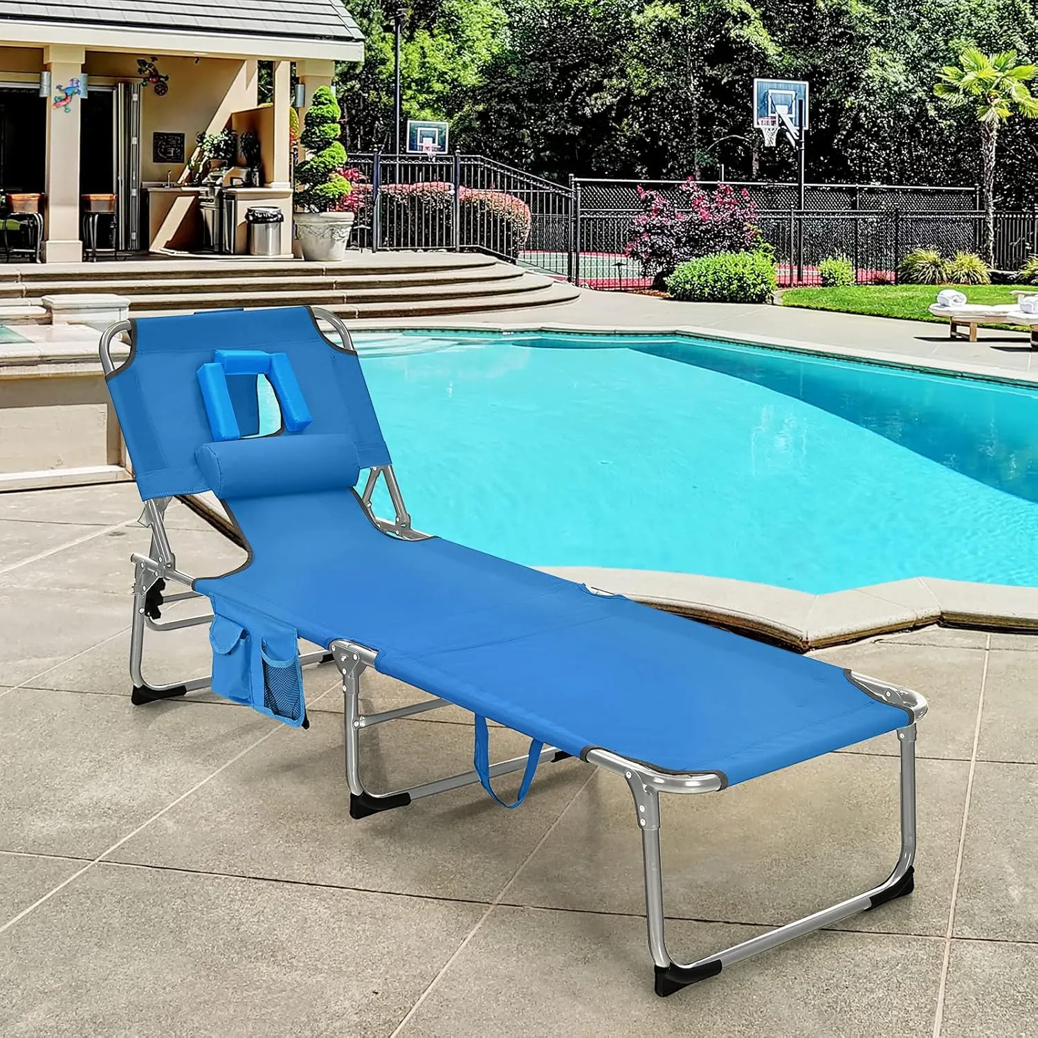 GYMAX Tanning Chair, Folding Beach Lounger with Face Arm Hole, Adjustable Backrest, Side Pocket, Pillow & Carry Handle, Outside Sunbathing Lounge Chair for Patio, Poolside, Lawn (1, Navy)