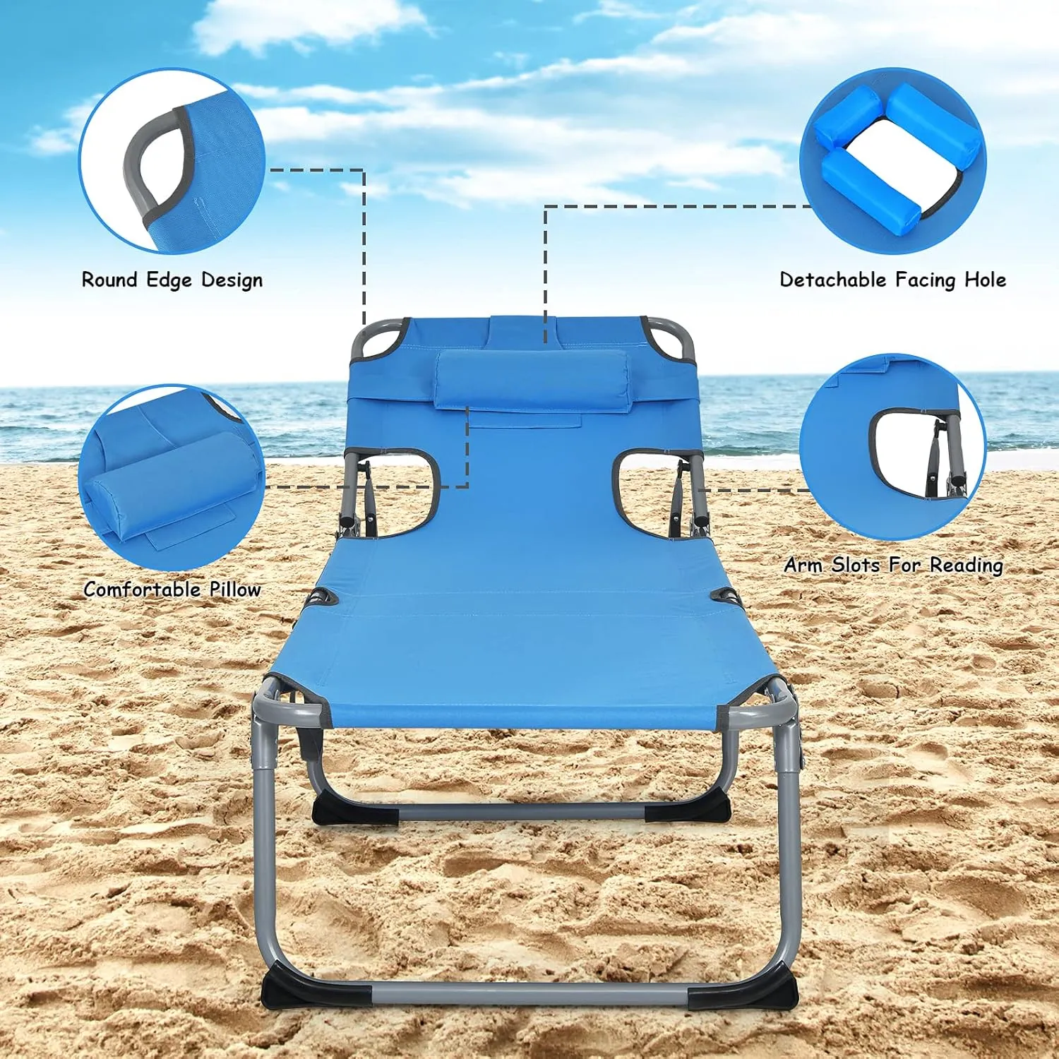 GYMAX Tanning Chair, Folding Beach Lounger with Face Arm Hole, Adjustable Backrest, Side Pocket, Pillow & Carry Handle, Outside Sunbathing Lounge Chair for Patio, Poolside, Lawn (1, Navy)