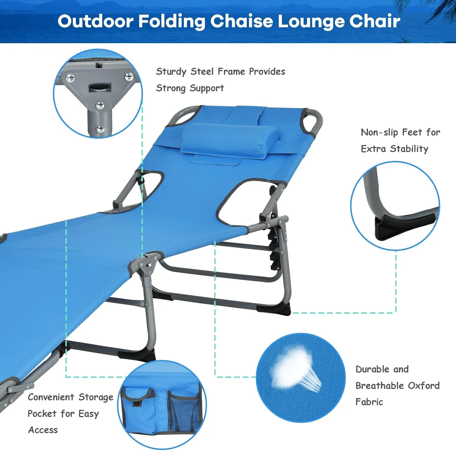 GYMAX Tanning Chair, Folding Beach Lounger with Face Arm Hole, Adjustable Backrest, Side Pocket, Pillow & Carry Handle, Outside Sunbathing Lounge Chair for Patio, Poolside, Lawn (1, Navy)