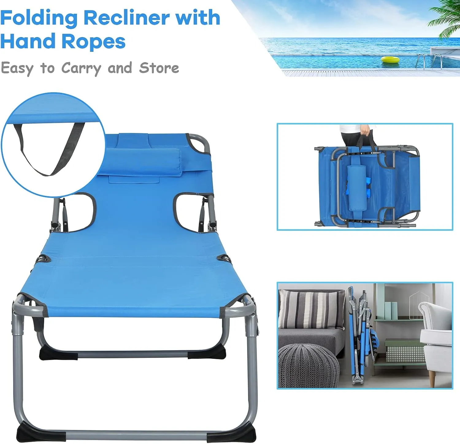 GYMAX Tanning Chair, Folding Beach Lounger with Face Arm Hole, Adjustable Backrest, Side Pocket, Pillow & Carry Handle, Outside Sunbathing Lounge Chair for Patio, Poolside, Lawn (1, Navy)
