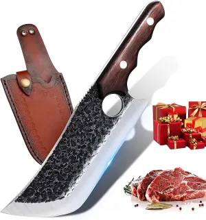 Hand Forged Meat Cleaver Knife Fathers Butcher Knives for Meat Cutting Full Tang Chef Knife with Belt Sheath and Gift Box High Carbon Steel for Kitchen or Camping, Gift for Dad