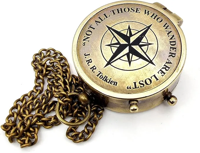 Handcrafted Brass Compass Not All Those Who Wander are Lost Antique Dial Marine Brass Compass Sailor Gifts Direction Pocket Compass for Men, Camping, Graduation Gift Vintage Home Item with wooden Case
