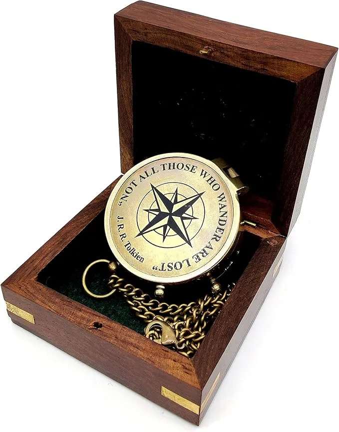 Handcrafted Brass Compass Not All Those Who Wander are Lost Antique Dial Marine Brass Compass Sailor Gifts Direction Pocket Compass for Men, Camping, Graduation Gift Vintage Home Item with wooden Case