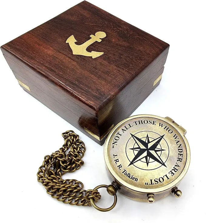 Handcrafted Brass Compass Not All Those Who Wander are Lost Antique Dial Marine Brass Compass Sailor Gifts Direction Pocket Compass for Men, Camping, Graduation Gift Vintage Home Item with wooden Case
