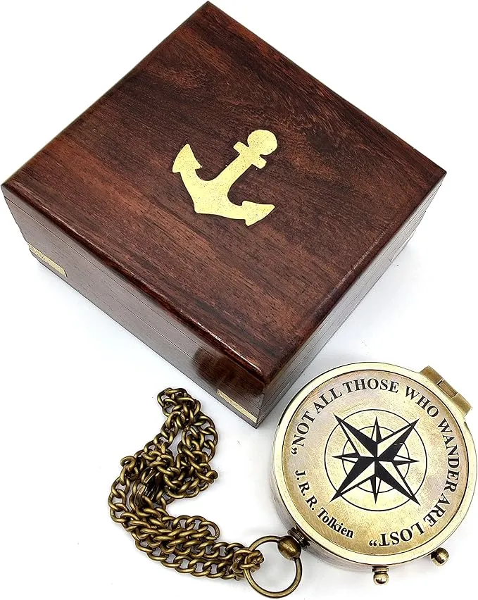 Handcrafted Brass Compass Not All Those Who Wander are Lost Antique Dial Marine Brass Compass Sailor Gifts Direction Pocket Compass for Men, Camping, Graduation Gift Vintage Home Item with wooden Case