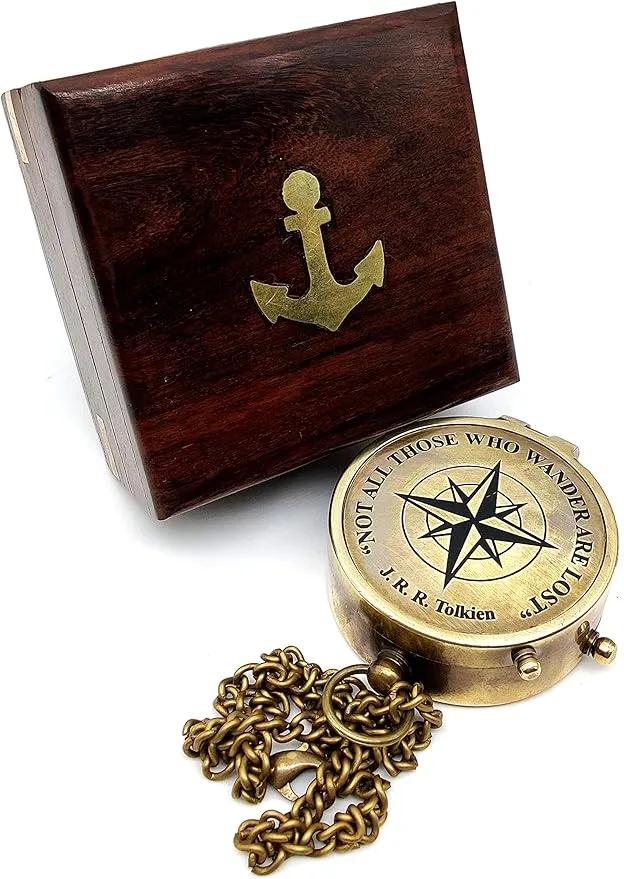 Handcrafted Brass Compass Not All Those Who Wander are Lost Antique Dial Marine Brass Compass Sailor Gifts Direction Pocket Compass for Men, Camping, Graduation Gift Vintage Home Item with wooden Case