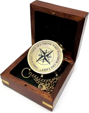 Handcrafted Brass Compass Not All Those Who Wander are Lost Antique Dial Marine Brass Compass Sailor Gifts Direction Pocket Compass for Men, Camping, Graduation Gift Vintage Home Item with wooden Case