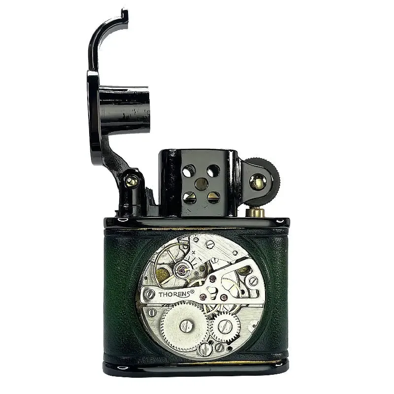 Handmade Cowhide Lighter - Inlaid Mechanical Movement - Green And Black Color