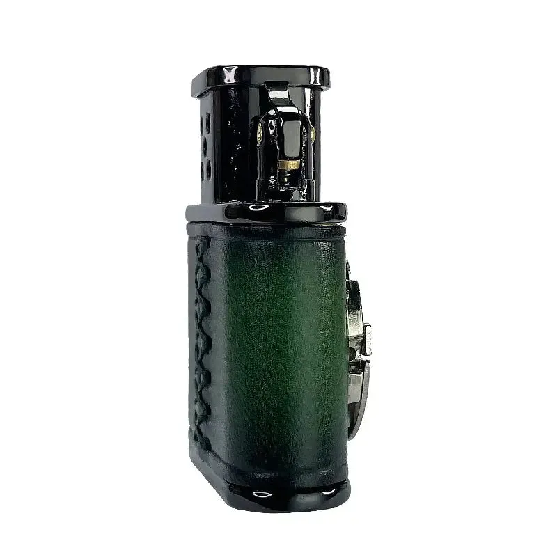 Handmade Cowhide Lighter - Inlaid Mechanical Movement - Green And Black Color