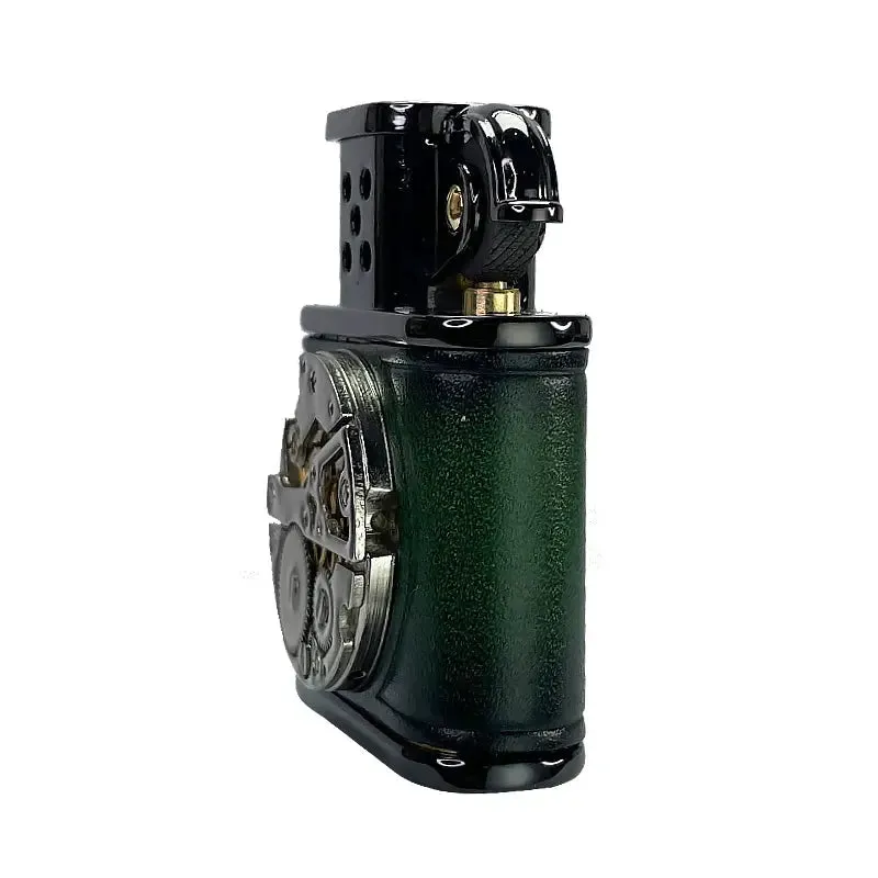 Handmade Cowhide Lighter - Inlaid Mechanical Movement - Green And Black Color
