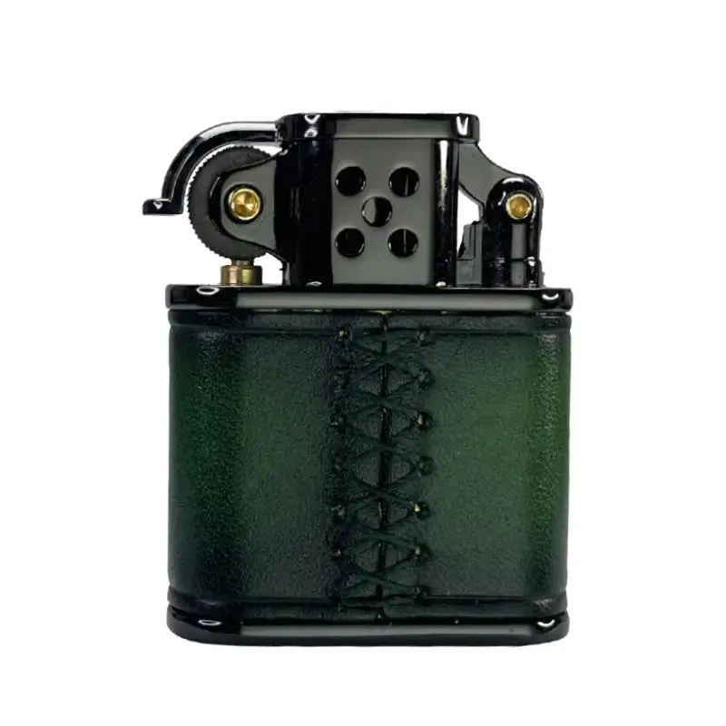 Handmade Cowhide Lighter - Inlaid Mechanical Movement - Green And Black Color