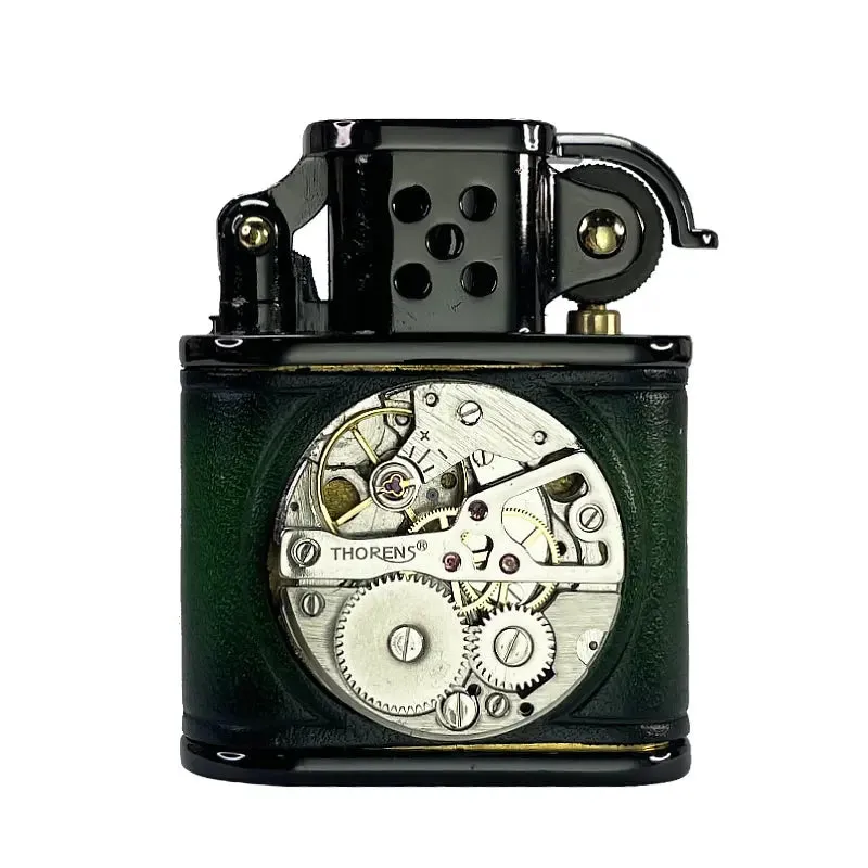 Handmade Cowhide Lighter - Inlaid Mechanical Movement - Green And Black Color