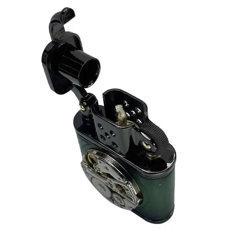 Handmade Cowhide Lighter - Inlaid Mechanical Movement - Green And Black Color