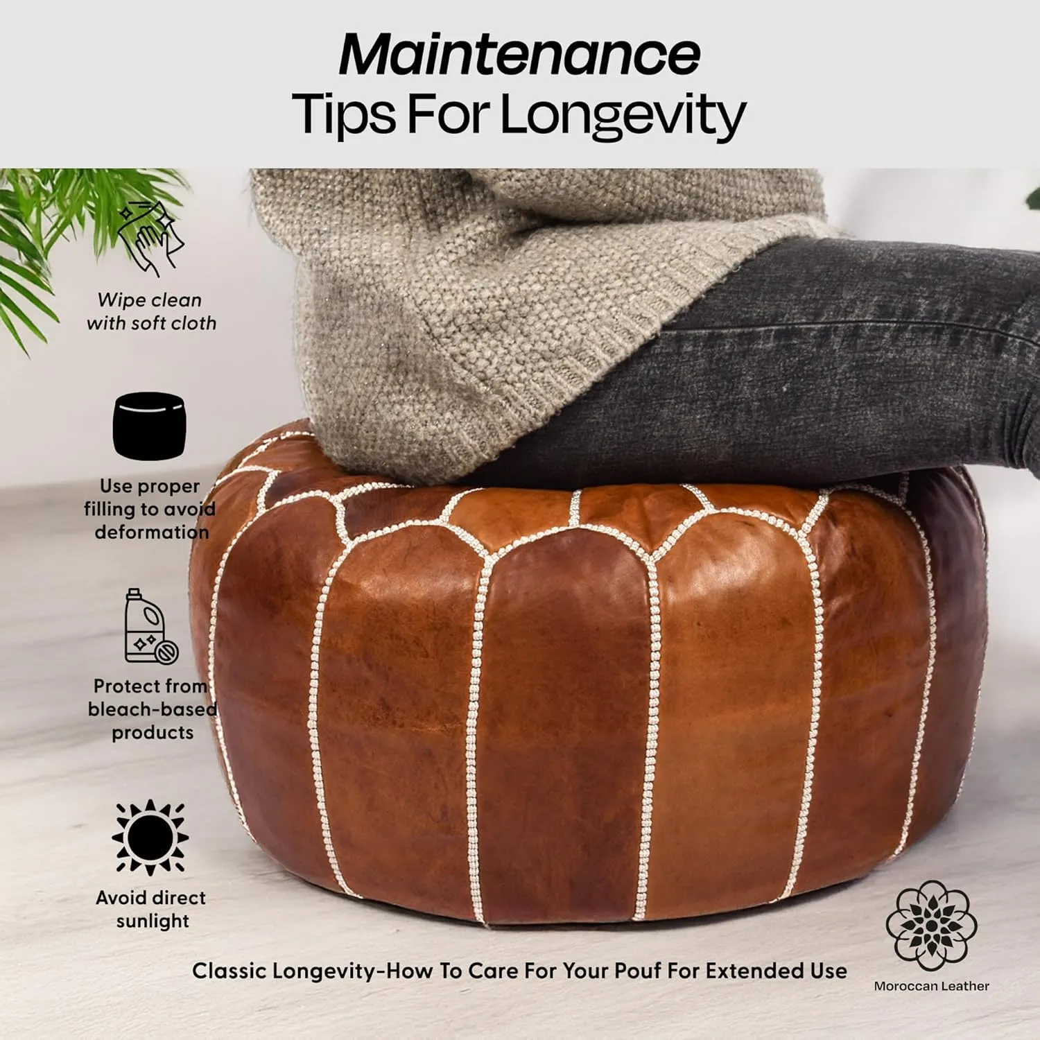 Handmade Moroccan Genuine Leather Pouf Ottoman Cover – Unstuffed Foot Stool Ottoman, Boho Foot Rest Under Desk, Round Ottoman for Living Room, Bedroom - Housewarming Gifts New Home, Weddings Gifts