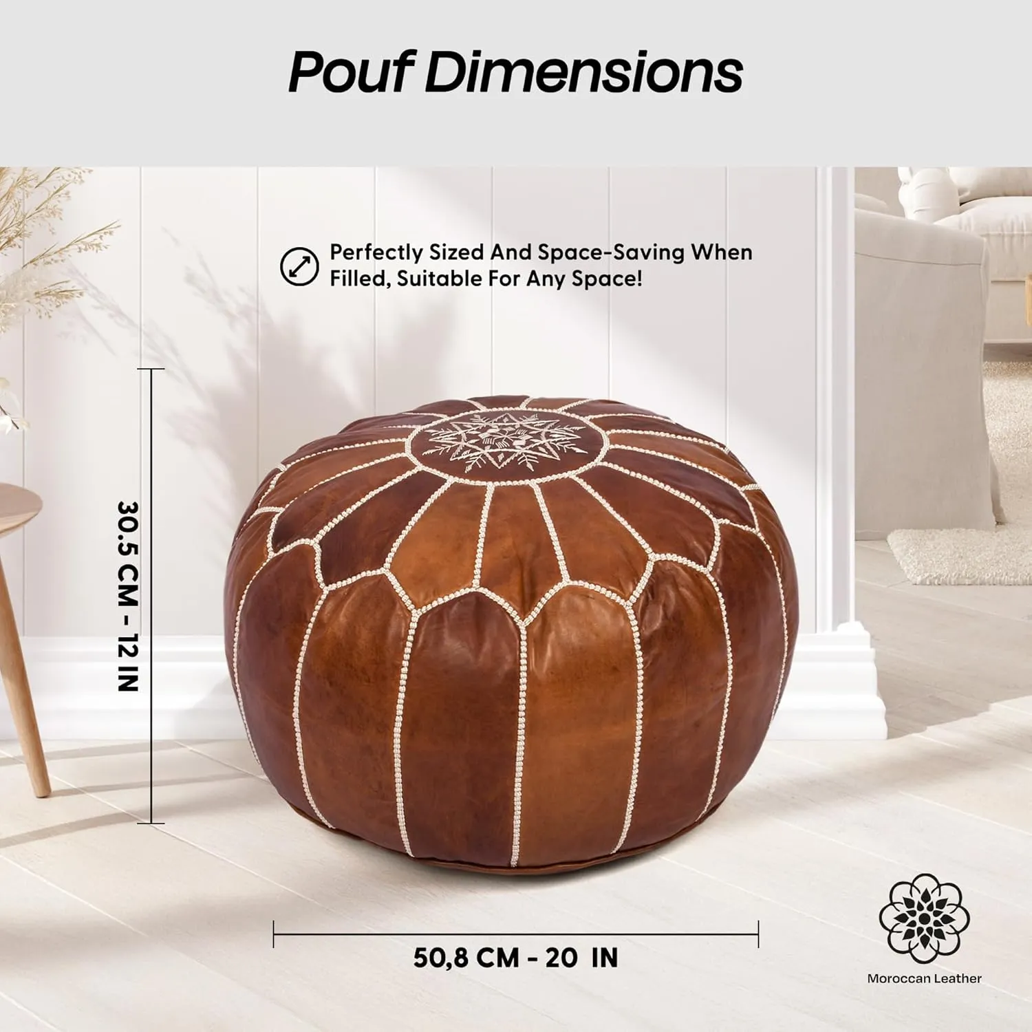Handmade Moroccan Genuine Leather Pouf Ottoman Cover – Unstuffed Foot Stool Ottoman, Boho Foot Rest Under Desk, Round Ottoman for Living Room, Bedroom - Housewarming Gifts New Home, Weddings Gifts