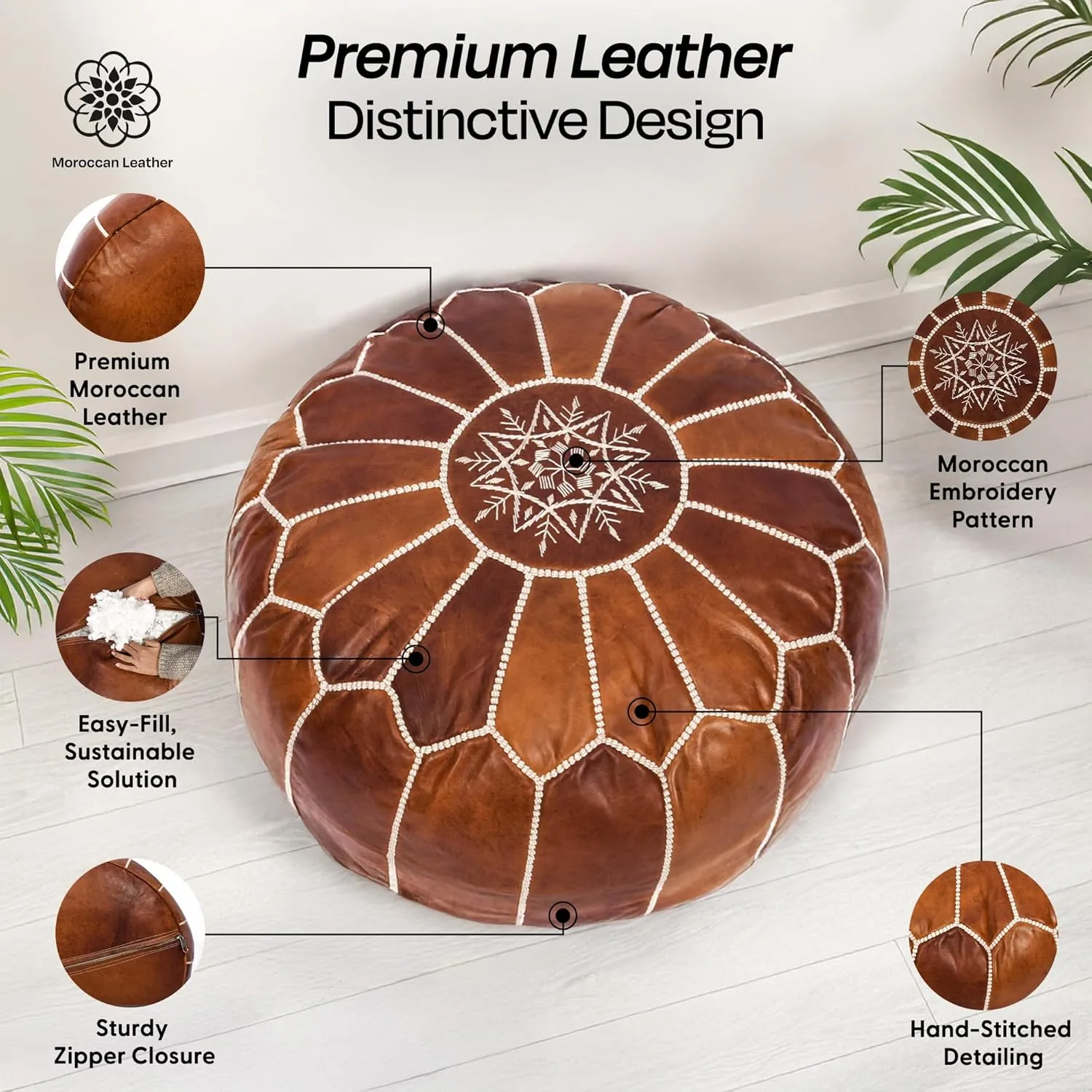 Handmade Moroccan Genuine Leather Pouf Ottoman Cover – Unstuffed Foot Stool Ottoman, Boho Foot Rest Under Desk, Round Ottoman for Living Room, Bedroom - Housewarming Gifts New Home, Weddings Gifts