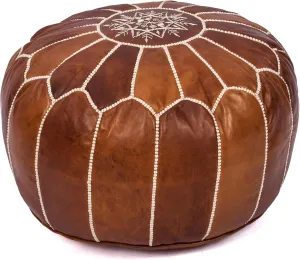 Handmade Moroccan Genuine Leather Pouf Ottoman Cover – Unstuffed Foot Stool Ottoman, Boho Foot Rest Under Desk, Round Ottoman for Living Room, Bedroom - Housewarming Gifts New Home, Weddings Gifts