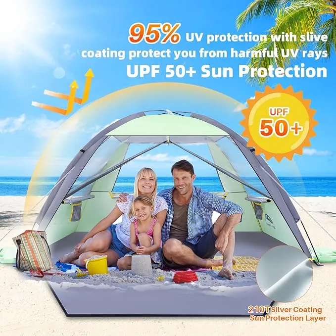 Happy Travel Beach Tent Sun Shelter for 3/4/5/6/7/8 Person, Portable UPF 50  UV Protection Beach Shade Canopy for Family & Baby, Lightweight & Easy Setup Beach Cabana with 3 Ventilation Mesh Windows