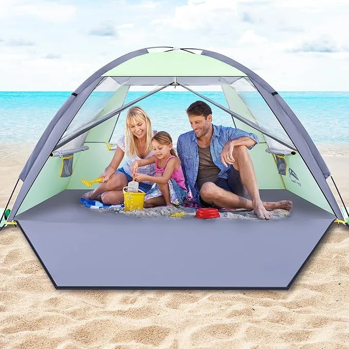 Happy Travel Beach Tent Sun Shelter for 3/4/5/6/7/8 Person, Portable UPF 50  UV Protection Beach Shade Canopy for Family & Baby, Lightweight & Easy Setup Beach Cabana with 3 Ventilation Mesh Windows