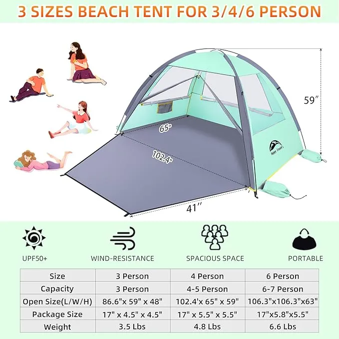 Happy Travel Beach Tent, UPF 50  UV Protection Sun Shade Shelter for 3/4/5/6/7/8 Person, Portable Beach Canopy for Family & Baby, Lightweight & Easy Setup Beach Cabana with 3 Ventilation Mesh Windows