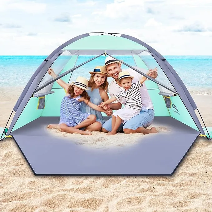 Happy Travel Beach Tent, UPF 50  UV Protection Sun Shade Shelter for 3/4/5/6/7/8 Person, Portable Beach Canopy for Family & Baby, Lightweight & Easy Setup Beach Cabana with 3 Ventilation Mesh Windows