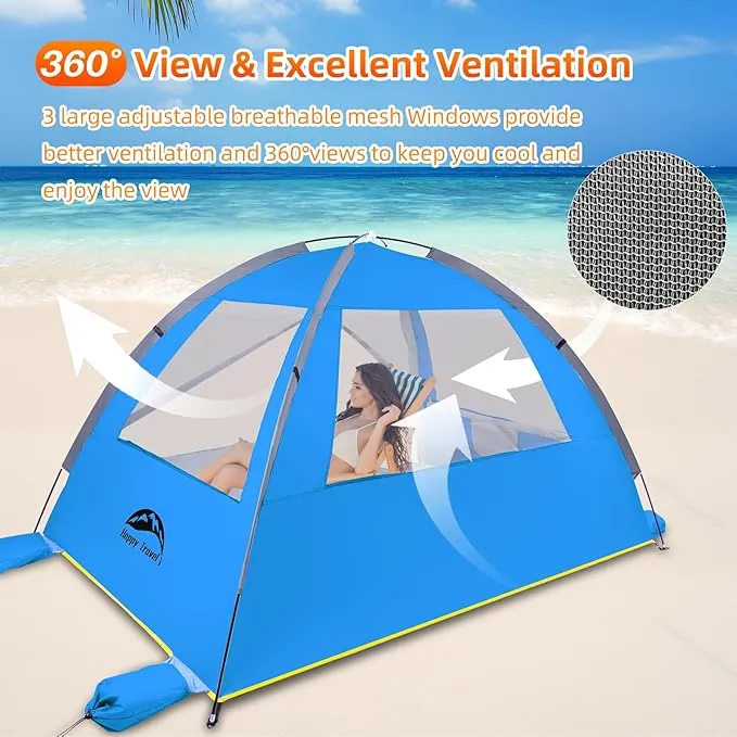 Happy Travel Beach Tent, UPF 50  UV Protection Sun Shade Shelter for 3/4/5/6/7/8 Person, Portable Beach Canopy for Family & Baby, Lightweight & Easy Setup Beach Cabana with 3 Ventilation Mesh Windows