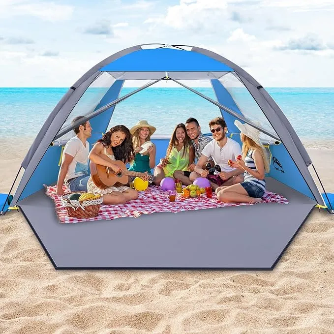 Happy Travel Beach Tent, UPF 50  UV Protection Sun Shade Shelter for 3/4/5/6/7/8 Person, Portable Beach Canopy for Family & Baby, Lightweight & Easy Setup Beach Cabana with 3 Ventilation Mesh Windows
