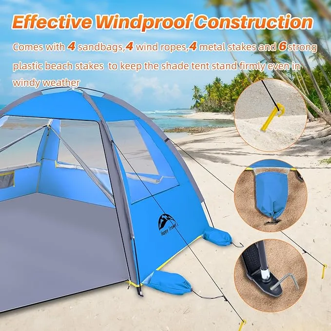Happy Travel Beach Tent, UPF 50  UV Protection Sun Shade Shelter for 3/4/5/6/7/8 Person, Portable Beach Canopy for Family & Baby, Lightweight & Easy Setup Beach Cabana with 3 Ventilation Mesh Windows