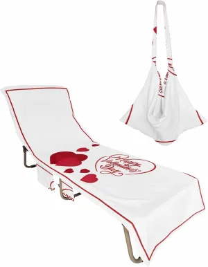 Happy Valentine's Day Chaise Lounger Cover with Pockets, Pool Lounge Chair Covers 85"x29", Love Heart Simple Line Red Microfiber Beach Chair Cover for Outdoor Patio Sunbathing