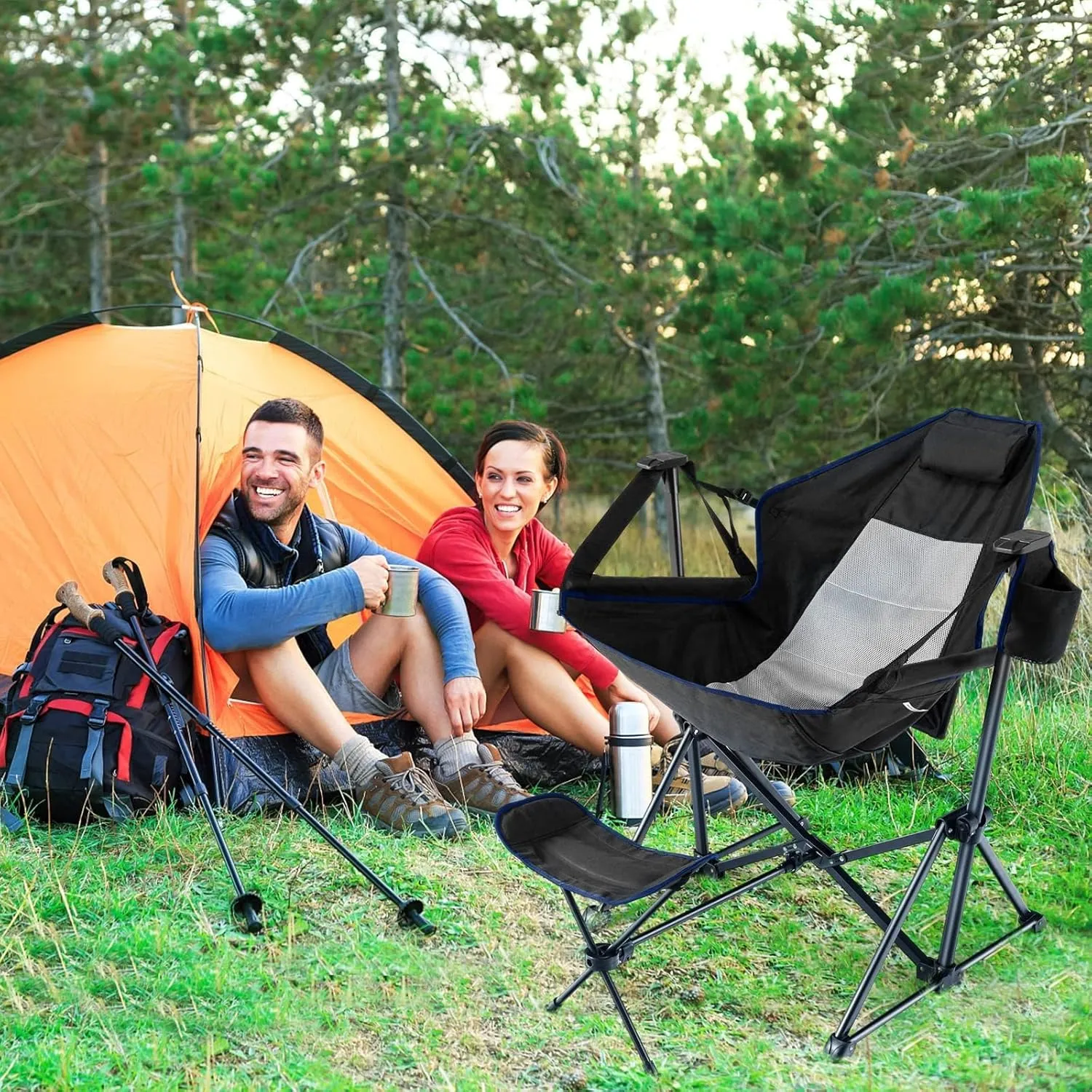 HAPPYGRILL 2 Pack Hammock Camping Chair with Footrest, Outdoor Folding Swinging Chair with Cozy Head Pillow, Cup Holder, Carrying Bag, Portable Lightweight Rocking Chair for Adult Lawn Fishing Picnic