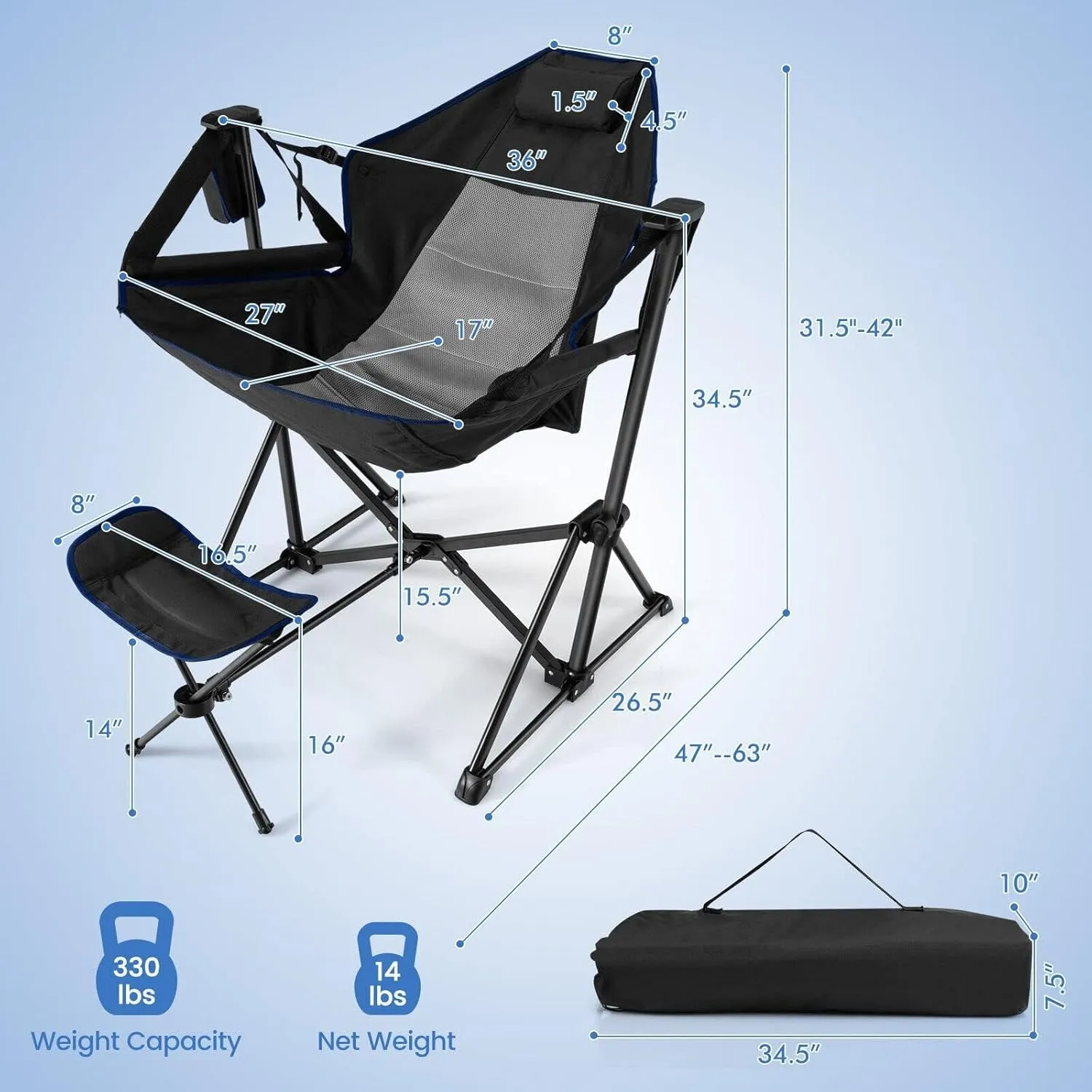 HAPPYGRILL 2 Pack Hammock Camping Chair with Footrest, Outdoor Folding Swinging Chair with Cozy Head Pillow, Cup Holder, Carrying Bag, Portable Lightweight Rocking Chair for Adult Lawn Fishing Picnic